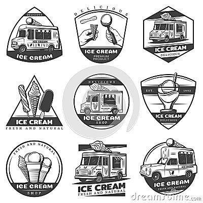 Monochrome Vintage Ice Cream Labels Set Vector Illustration