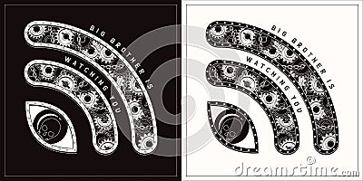 Monochrome wifi icon in vintage style with gears, metal rail, rivets, text Vector Illustration