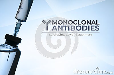 Monoclonal antibodies concept image: vial and syringe silhouette on light blue background Stock Photo