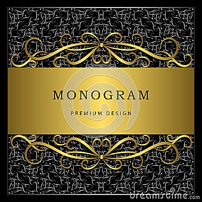 Monogram design elements, graceful template. Calligraphic elegant line art logo design. Gold frame with abstract decorative black Vector Illustration