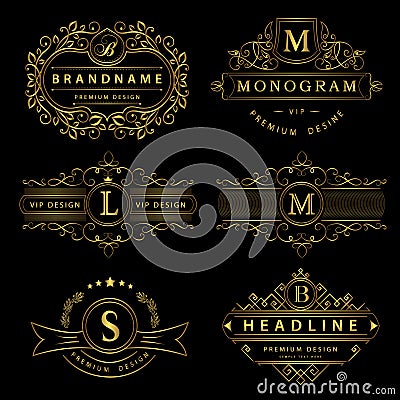 Monogram design elements, graceful template. Calligraphic elegant line art logo design. Gold Letter emblem sign B, M, L, S Vector Illustration