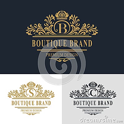 Monogram design elements, graceful template. Calligraphic elegant line art logo design. Letter emblem sign B, S, C for Royalty Vector Illustration