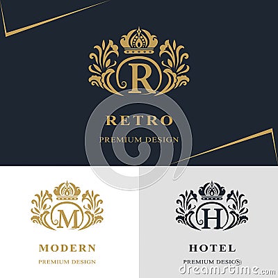 Monogram design elements, graceful template. Calligraphic elegant line art logo design. Letter emblem sign R, M, H for Royalty Vector Illustration