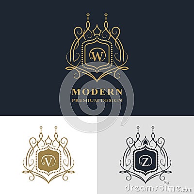 Monogram design elements, graceful template. Calligraphic elegant line art logo design. Letter emblem sign W, V, Z for Royalty Vector Illustration