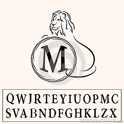 Monogram design elements, graceful template. Elegant line art logo design. Alphabet. Emblem. Lion silhouette. Round frame. Vector Vector Illustration