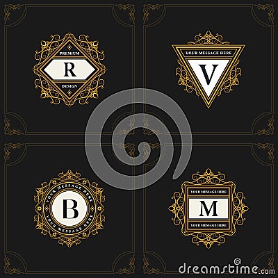 Monogram design elements, graceful template. Elegant line art logo design. Emblem Letter R, V, B, M. Retro Vintage Insignia or Log Vector Illustration