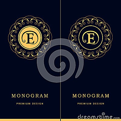 Monogram design elements, graceful template. Letter emblem sign E. Calligraphic elegant line art logo design for business cards Vector Illustration