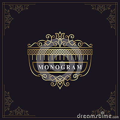 Monogram Graceful Template. Elegant Line Art Logo Design. Gold Emblem for Luxury Crest, Royalty, Business Card, Boutique, Hotel, Vector Illustration