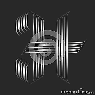 Monogram H letter initial logo 3d effect, metallic gradient parallel thin lines pattern, silver color striped alphabetic mark, Vector Illustration