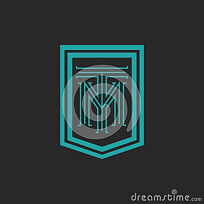 Monogram hipster frame form shield, crest blue and black combination letter TM logo, T M initials mockup emblem business card Vector Illustration