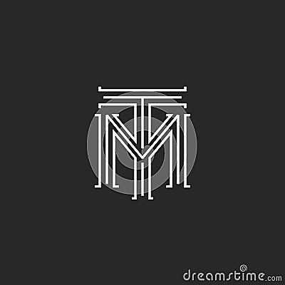 Monogram hipster initials TM logo letters, overlapping connection couple merger T M letters thin lines, combination two linear Vector Illustration