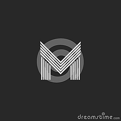 Monogram M letter logo hipster initial emblem template, black and white flat thin line mockup capital symbol design element Vector Illustration