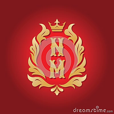 Monogram NM letters - concept logo template design. Crest heraldic luxury emblem. Golden leaves and crown. Initials N & M. Vector Vector Illustration