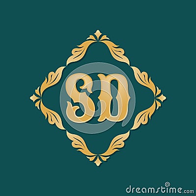 Monogram SD letters - concept logo template design. Crest heraldic luxury golden emblem. Initial S & D. Vector illustration Vector Illustration