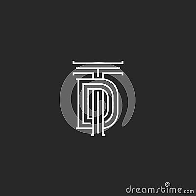 Monogram TD or DT initials of the logo, a combination of two crossed letters T and D, wedding emblem linear art in medieval style Vector Illustration