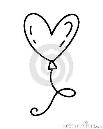 Monoline cute balloon in form of heart. Vector Valentines Day Hand Drawn icon. Holiday sketch doodle Design element Vector Illustration