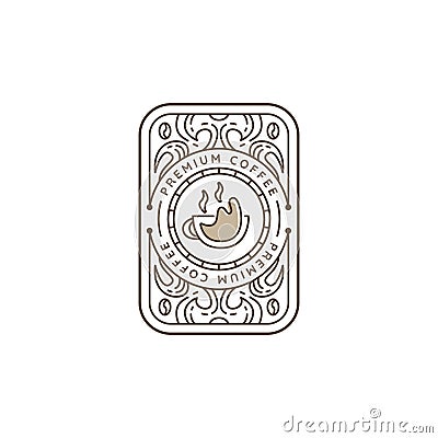 Monoline hot coffee logo in badge vintage decorative card style icon Vector Illustration