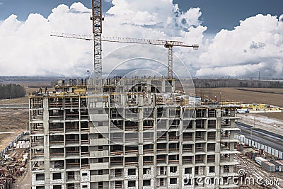 Monolithic frame construction of the building. Solid walls of concrete. The framework for the walls. Formwork for walls made of Stock Photo