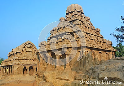 monolithic rock cut Five Rathas at Mahabalipuram, India Editorial Stock Photo