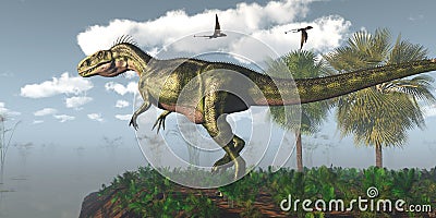 Monolophosaurus Dinosaur Swamp Stock Photo