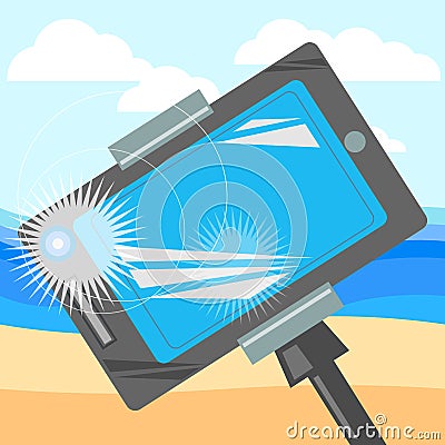 Monopod for selfie,beach and the sea, travel and tourism Vector Illustration