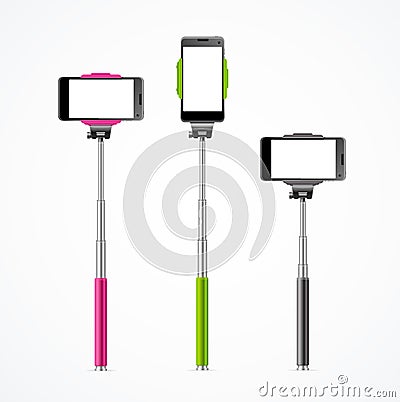 Monopod Selfie Colorful Set. Vector Vector Illustration