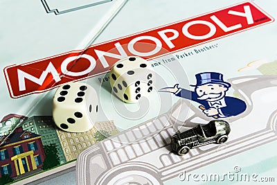 Monopoly Board Game - Board, dices and Car Token Editorial Stock Photo
