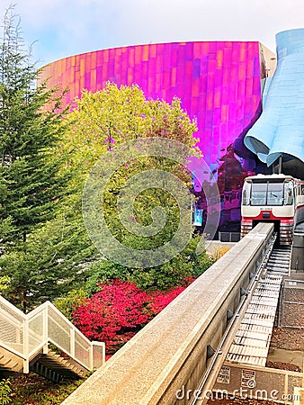 Monorail coming into station in Seattle. Editorial Stock Photo