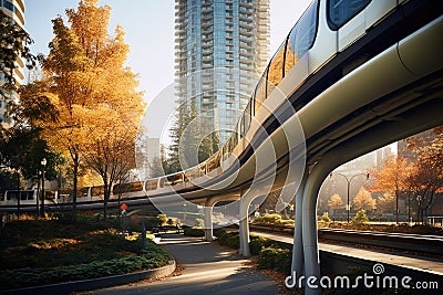 monorail track curving elegantly above urban park Stock Photo