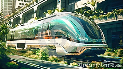 Monorail train, futuristic design, elevated road against the sky with silhouettes of skyscrapers in the background, Lots of Stock Photo