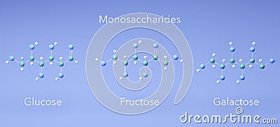 Monosaccharide - glucose, fructose, galactose, molecular structures, 3d rendering, Structural Chemical Formula Stock Photo