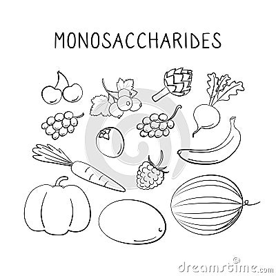 Monosaccharides-containing food. Groups of healthy products containing vitamins and minerals. Set of fruits, vegetables Vector Illustration