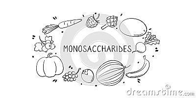 Monosaccharides-containing food. Groups of healthy products containing vitamins and minerals. Set of fruits, vegetables Vector Illustration