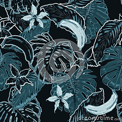 Monotone blue and dark Summer seamless pattern with tropical lea Stock Photo