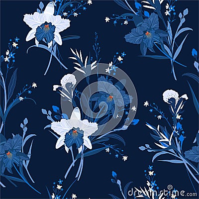 Monotone in blue of Floral seamless pattern with Orchids. Hand drawn vector illustration. Design for fashion,fabric,web,wallpaper Vector Illustration