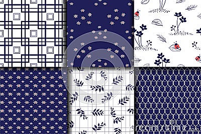 Monotone blue set collection seamless pattern for decorative,fabric,textile,print or wallpaper Vector Illustration