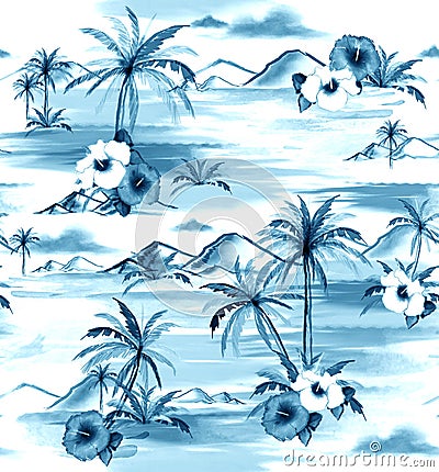 Monotone on blue shade Hand drawing watercolor painting island h Stock Photo