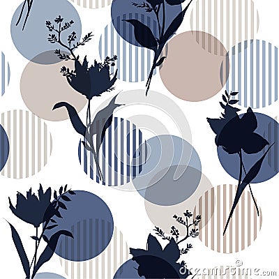 Monotone in blue Vector botanic silhouette floral seamless pattern on modern colorful stripe polka dot, delicate flower Stock Photo