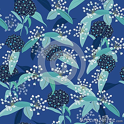 Monotone blue and white Hydenyear pattern seamless flowers Pattern Isolated on ocean blue color. Botanical Floral Decoration Text Stock Photo