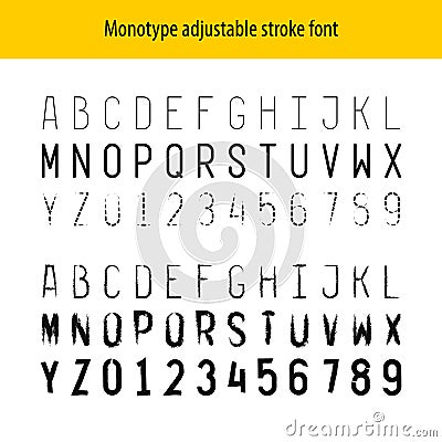 Monotype letters stroke font alphabet and numbers. Thin line with adjustable width, hatching and design. Vector Illustration