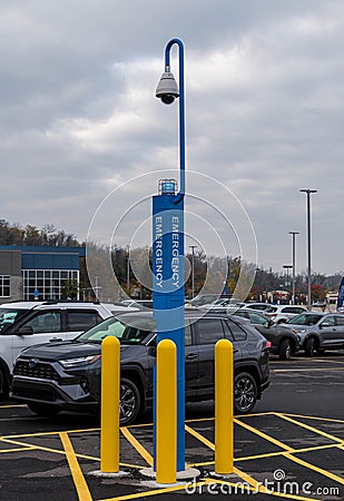 Monroeville, Pennsylvania, USA October 31, 2023 An emergency call station in a parking lot Editorial Stock Photo