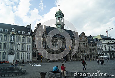 Beautiful Mons town, Belgium Town square with elegant historic buildings including the old town hall Editorial Stock Photo