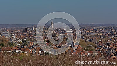 Mons citysape with Belfry and Saint Waltrude church Editorial Stock Photo