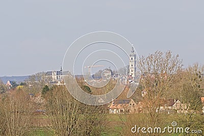 Mons citysape with Belfry and Saint Waltrude church Editorial Stock Photo