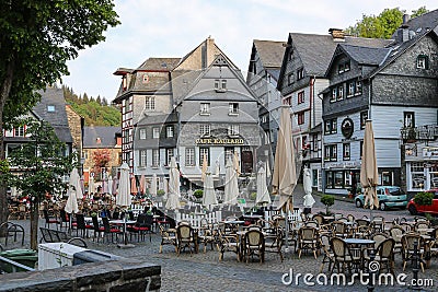 MONSCHAU / GERMANY - JULY 22, 2018: Empty marketplace in the centre of Monschau. Famous old town with lots of traditional Fachwerk Editorial Stock Photo