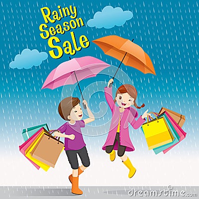 Rainy Season Sale, Boy And Girl Under Umbrella Jumping Playfully Vector Illustration