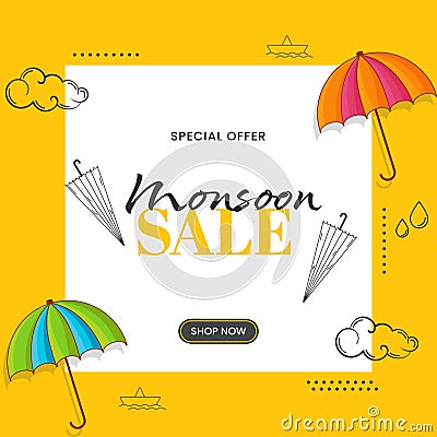 Monsoon Sale Poster Design Decorated With Umbrella, Drops, Paper Boat, Clouds On White And Chrome Yellow Stock Photo