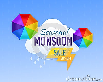 Monsoon sale. Season rainy and umbrella promotional design template for banner and label, web header and shop advertise Vector Illustration