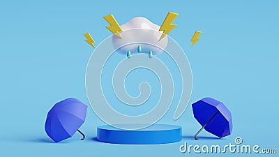 Monsoon season offer and sale banner. Cylinder podium, umbrella,cloud and thunder.3D render illustration Cartoon Illustration