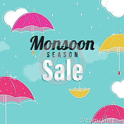 Monsoon Season Sale Concept with Colorful Umbrellas, on Cloudy S Stock Photo